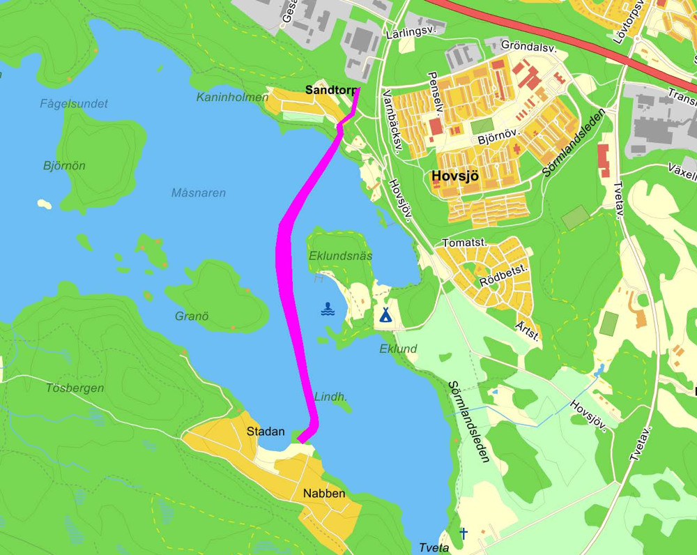 Kartbild över sjön Måsnaren och en ledningsdragning mellan Hovsjö och Stadan och Nabben. 
